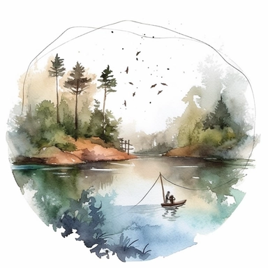 one illustration of fishing Watercolor clipart on a white background, in the style of hazy landscapes, nature-inspired motifs, free brushwork, fantasy settings, decaying landscapes, no watermark, text, 300 DPI , typography, shapes do not stick together, no text in the picture, on a white background