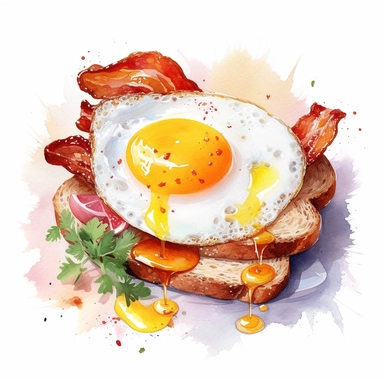 watercolour, clipart, white background, Illustrate a sunny-side-up fried egg next to crispy bacon strips in a skillet or on a plate. Add a slice of toast on the side