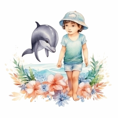 watercolor two sweet boys swimming with shells and dolphins in the sea, flowers clipart on white blackground