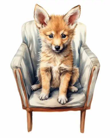 detailed watercolor Baby Coyote on a chair , hyper realistic, isolated on a white background, clipart