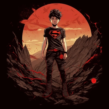 Render an artwork of Superboy in a black t-shirt with a red logo, inspired by Manga style. The scene takes place in an alien landscape, symbolizing Superboy's otherworldly origins. The art style should combine elements of American comics and Manga, marked by fantastical backgrounds and expressive characters. Through digital painting, portray Superboy in a contemplative pose, focusing on his black t-shirt with the red logo. Texture should be applied to detail the t-shirt fabric, Superboy's hair, 