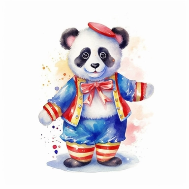 cute panda in circus costume watercolor illustration, in the style of watercolor illustrations,funny, energetic,ben wooten style, full body,sharp focus throughout, aquarellist, charming illustrations, illustration, painted illustrations, transparency and opacity,isolated white background, clipart most popular on etsy, book illustration, featured on dribble,print on demand image, PNG tranparent background,composition medium shot, no text