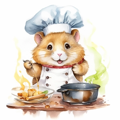 watercolor clipart, A cute, chubby hamster wearing a chef's hat is cooking pancakes, white background, high solution