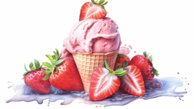 watercolor strawberry icecream clipart, hd, high detailed, spaced out realistic photography, Higher coherence, Improved sharpness, accuracy, perfect look, perfect lighting, center of frame, ultra HD, 8k, Full body, OC renderer, sweet,sweet, dynamic background,(no unwanted borders or text artifacts)