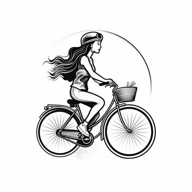 2d bicycle with a women driving it with a helmet. Black and White, Clip Art Style