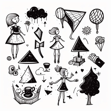 a set of postmodern black line clipart inspired by Alice in Wonderland and Grimms Fairy Tales