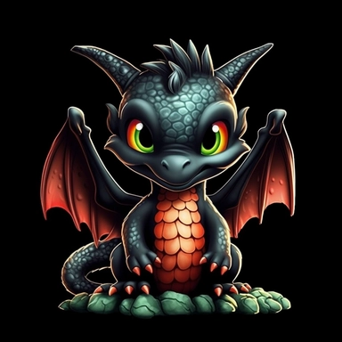 cute cartoon dragon clipart, black background,--no cut off edges