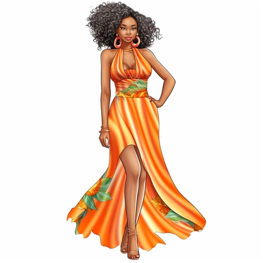 ultra realistic, clipart, hand-drawn, young African American woman is wearing a vibrant and colorful orange halter sundress that fits her curvy hips perfectly. The dress has a flowing and breezy fabric that moves with the gentle summer breeze. The halter neckline accentuates her shoulders and arms, and the back of the dress is open, revealing her glowing skin. She completes her outfit with a pair of simple and elegant sandals that complement the dress's floral pattern. Her long straight silk pre