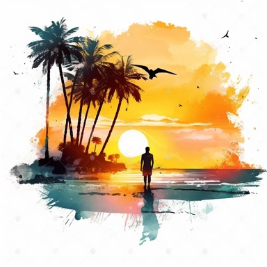 Sunset Clipart in watercolor, Palm Tree Beach, birds, man on beach, hd, color-splashed, masterpiece, close to perfection, rich colors, hyper realistic, white backgraound, 8k v 5.1 ar 16:9 s 300