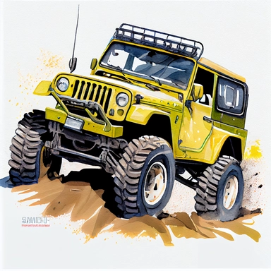 yellow off-road 4x4 vehicle, on a white background, watercolor, Illustration clipart, 4K, extremely detailed
