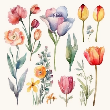 6 watercolor fancy spring clipart, isolated on white background,space out--ar3:2--s1000