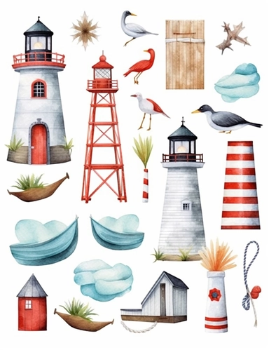 Isolated white background, sticker sheet, multiple items, spaced out, Watercolor Coastal Decor Clipart Summer Seascape Nautical Beach interior Lighthouse clip art Summer Wooden Sea Decor Fishing net