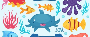 a dolphin, turtle, sea worm, crab, and boat for kids' undersea designs, amados underwater creatures clip art set, in the style of animal motifs, flat color blocks, cute and colorful，unica zürn
