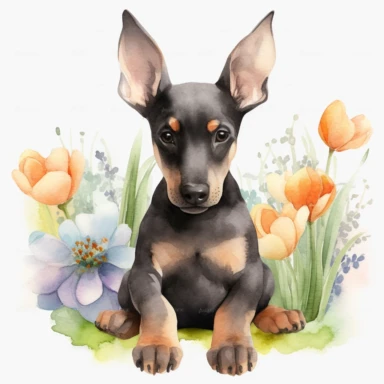 An intricately detailed watercolor clipart illustration displaying an ultra-realistic [specific design idea, like Adorable cute beby Doberman, grass and flowers on the back of the puppy  ], isolated on a white background, in the style of ultra-detailed watercolor clipart illustrations, HDR watercolor clipart illustrations, 32K watercolor clipart illustrations, hyperrealistic watercolor clipart illustrations, ultra-intricate watercolor clipart illustrations, high-resolution watercolor clipart ill