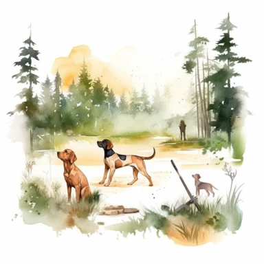 watercolor hunting scene in forest or fields with lake in vicinity on white background with setter and pointer dogs in pointing stand , illustrations clipart set, simple, , cartoon elements ,different variants , natural elements, separate elements with a margin, ,4k, high resolution, , natural colors, vibrant green tones, birds,