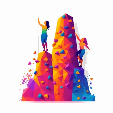 White background: discreet and minimalist, cute female rock climbers on the climbing wall , vector, sticker, isolated on white background, vibrant colors, lisa frank Clipart style. Simple, flat, 2D design with bold lines and a clear, uncluttered aesthetic. Rendered in vibrant, appealing colors