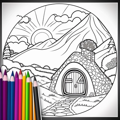 Coloring book page for kids, a hobbit house in a hill, clipart, cartoon kids style hand drawn line art, black and white