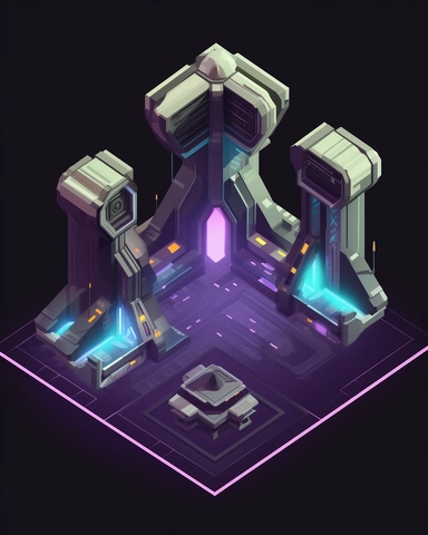 isometric perspective, game sprite, futuristic small spaceship hanger concept, gaming asset, sci-fi, fun, creative, cartoon, clipart, hyper-detailed, black background,