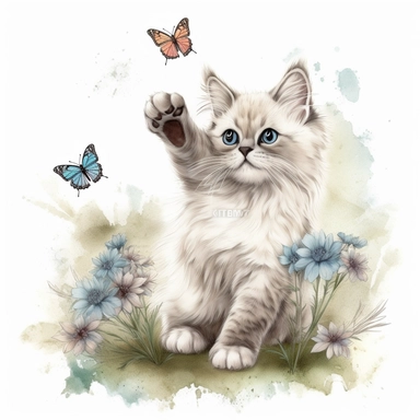 hand drawn ragdoll kitten, reaching for a butterfly, grass, flowers, very detailed and realistic, watercolor, clipart style