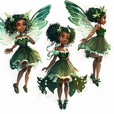 cute mixed race fairy girl flying toward the camera, watercolor clipart green dress, multiple poses, character model, realistic, tyra banks - - ar 3 : 2 - - 4b