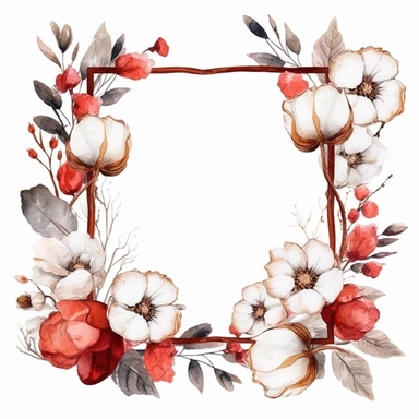 cotton Floral, square Frame, Watercolor Clipart, Cartoon style, Webtoon Resources, White Background