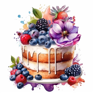 clipart, isolated on white background, Watercolor cake with flowers and berries, ornated, vivid and vibrant and saturated colors