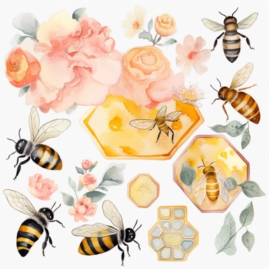A delightful watercolor clipart set featuring busy bees and intricate honeycombs, painted with delicate brushstrokes that highlight the vibrant colors and gentle details of these charming, nature-inspired elements.