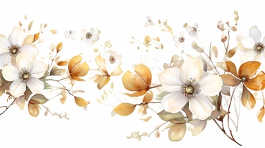 Watercolor clipart of delicate golden dogwood flowers, branches and leaves, on white background