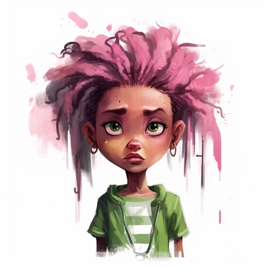 cute little american black girl, messy long pink modern hair, green eyes, face, portrait, different expressions, clipart, high resolution, white background, sarah kay style,