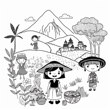 Landscape, simple, traditional costume, local food, animal, educational, history, and cultural diversity, clipart style, cute, picture book style, captivating, kid friendly cute character, black and white, coloring book, not color style, cartoon style, vector image, simple, line art style, character, white background, no noise, crisp thick lines, outline art, more white than Black