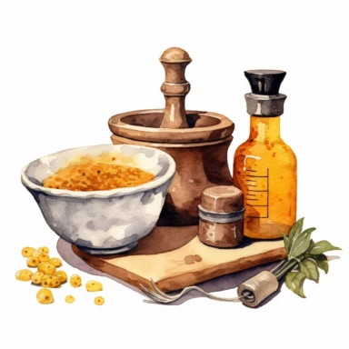 watercolor, hyper realistic, white background, white margins, 16k, ultra detailed clipart, cut out image, hand-drawn a vintage mortar and pestle, commonly used in pharmacies for preparing medicinal compounds, capturing the essence of traditional medicine. Use a warm and rich color scheme inspired by vintage medicine bottles, with shades of deep amber, antique brown, and subtle hints of gold