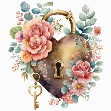 watercolor padlock heart with flowers and the key, clipart