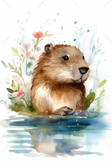 Watercolor Clipart, cute Baby beaver in water, isolated white background