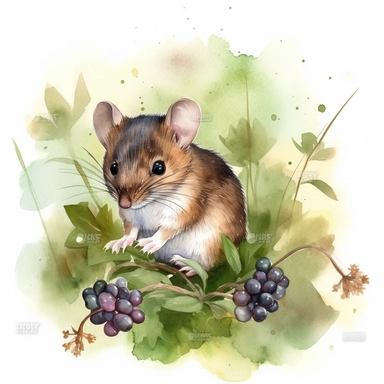 Watercolor clipart of a tiny woodland woodmouse, its delicate brown fur and twitching whiskers carefully depicted, nibbling on a ripe berry in a field of soft clover, an atmosphere of humble charm and the bright freshness of a spring morning, Illustration, digital watercolor using a fine, textured brush for a hand-painted effect,