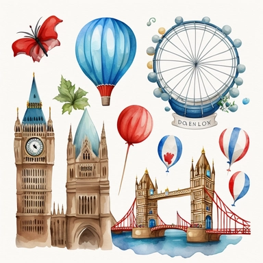 a pixar cartoon tower bridge, london eye, big ben, red blue birthday balloons an buntings, Etsy watercolor clipart svg white background