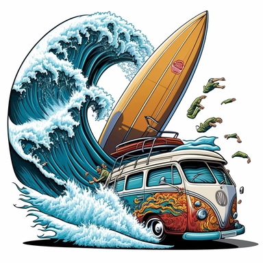 Illustrate a dynamic scene: a van gracefully surfing a powerful wave, surfboards showcasing unique designs, with a majestic cliffside providing a stunning backdrop, set against a pure white background, illustration style, white background, clipart, PNG pure white background, high resolution, hyper detailed, best quality, high detailed illustration