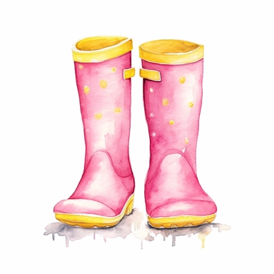 basic watercolor pink rainboots with yellow accent in minimal hand drawn style, Etsy, textured, clipart, white background