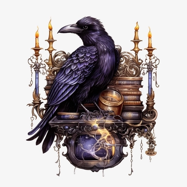 Watercolour dark fantasy black royal gothic deadly nightshade raven stood on dark magic books with deadly nightshade lantern magnificent gothic raven mesmerising compelling features perfect magnificent detailed wings beautiful compelling realistic eyes ultra highly detailed, 18k, sharp focus, bright photo with rich colours digitally enhanced, enhanced graphics, straight, sharp focus, bright lighting, intricate detailed png image ,high definition,300dpi,graphic clipart,computer graphics