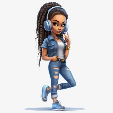 hip hop girl, connected her phone to headphones, high heels, blue jeans, Coiled Bun, clipart, transparent, wearing jewelry, clip art, as a Inspired Chibi and Kawaii Style