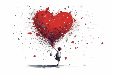 cute beutiful boy, red half of the heart shape balloon geometric minimalist , valentine's day, top view, running in Tokyo, ink, Ghibli style, 8k, Leyka 35mm very detail clipart on white background space out 8k