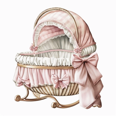 Baby bassinet for girl light pink color, white background, watercolor, hyperrealism, high detail, separate elements, clipart