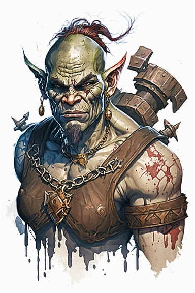 half orc blacksmith dungeons and dragons character, upper body portrait, highly detailed watercolor clipart