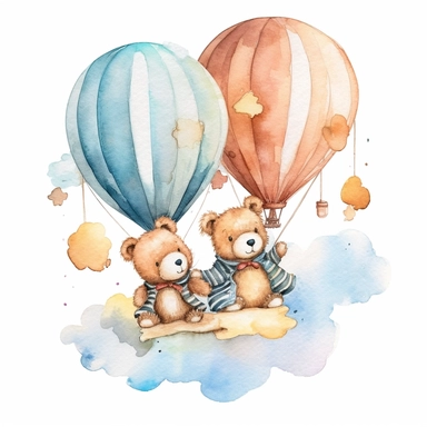 baby boy twins watercolor teddy bear in hot air balloons cute png clipart