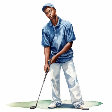 Idyllic watercolor clipart of a young modern African american male golfer in close fitting blue and white sports golf clothes standing with his putting club on the putting green, isolated on a pure white background, insane detail,