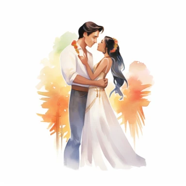 Asian bride and Indigenous groom, sharing a tender embrace, loving and serene, watercolor, Pixar style, Clipart on a white background.