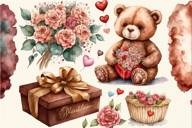 valentine flowers, chocolates, teddy bears, cards letters expressing love and affection accessories clipart, Aquarelle hand painting, aesthetic, watercolor, sparklecore, fantastic realism, fairytale