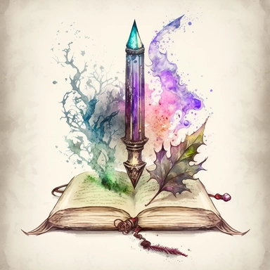 watercolour clipart artyle elemental tome spell book fantasy magic and radiating energy next to an enchanted fantasy dagger