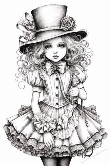 a hand drawn coloring page vintage steampunk gorgeous baby girl in a dress, clipart, white background