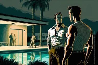 letraset clipart of handsome 40 year old men talking near a vintage, muscular man in palm springs at night, 1960's, happy, curiousity, date palms, mid century modern building, dramatic lighting, wide angle, pool