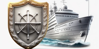 clipart, shield next to maritime ship, white background